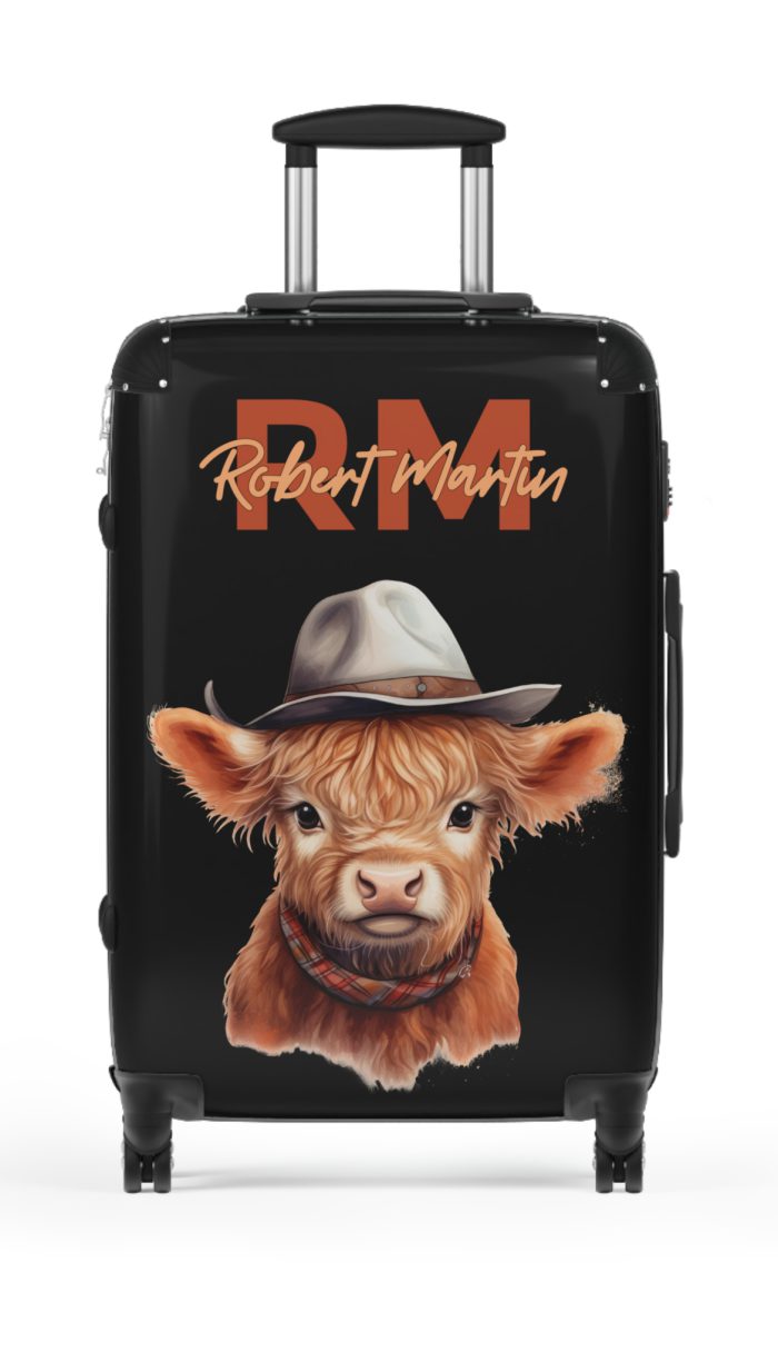 Custom Highland Cow Suitcase - A personalized luggage adorned with a unique cow-themed design, perfect for travelers who want to add a touch of individuality to their journeys.