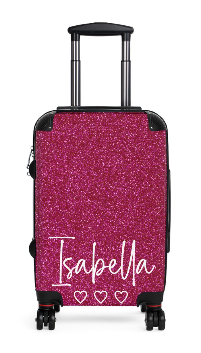 Custom Name Pink Glitter Suitcase - Personalized Sparkling Luggage with Glittering Pink Design