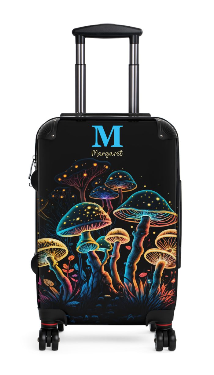 Custom Mushroom Suitcase - A personalized suitcase adorned with a whimsical mushroom-themed design, perfect for travelers who want to add a touch of magic to their luggage.