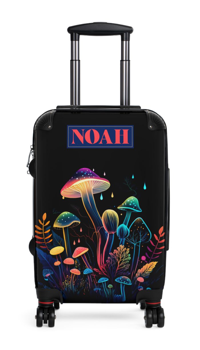 Custom Mushroom Suitcase - A personalized suitcase adorned with a whimsical mushroom-themed design, perfect for travelers who want to add a touch of magic to their luggage.