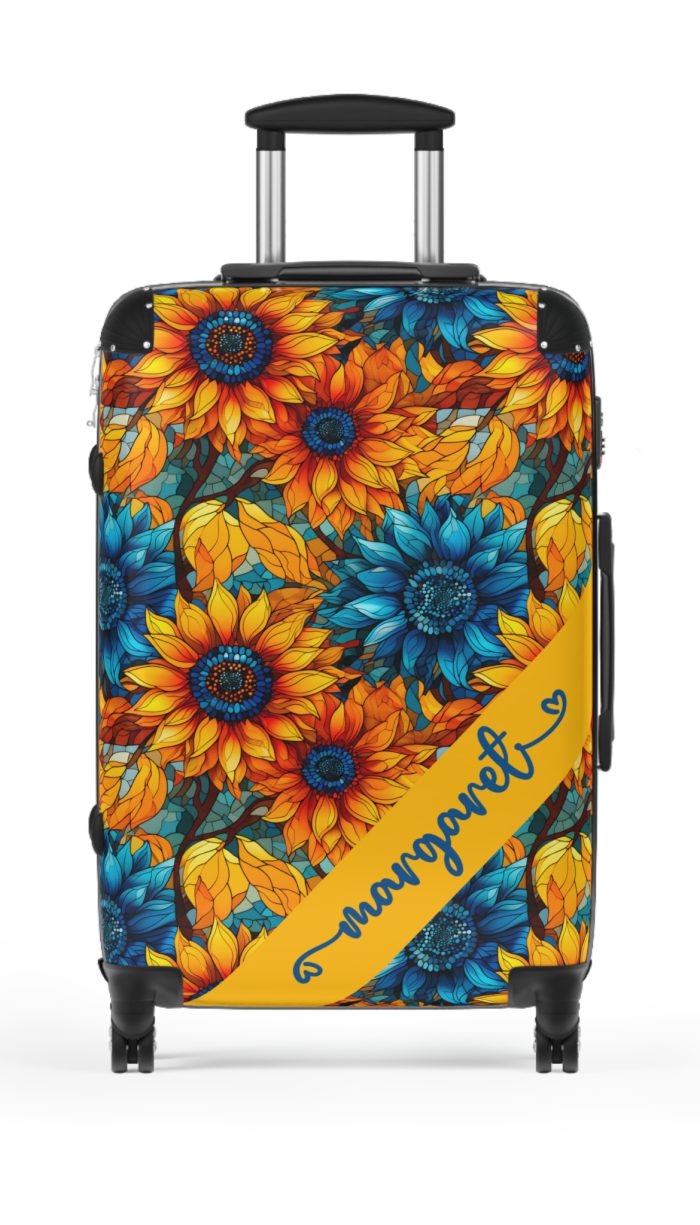 Custom Sunflower Suitcase - A personalized luggage adorned with a bright sunflower design, perfect for travelers who want to add a touch of cheer to their journeys.