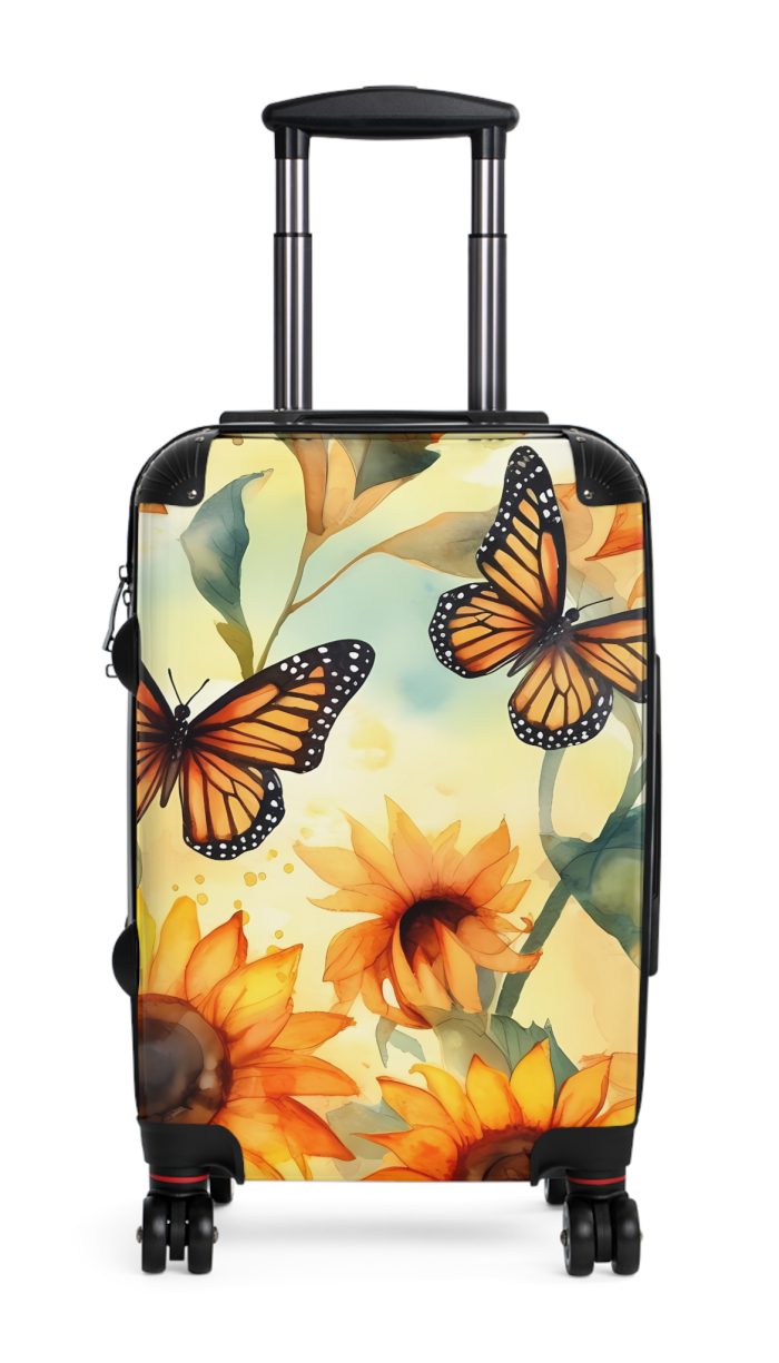 Butterfly Sunflower Suitcase - A luggage adorned with a bright sunflower and butterfly design, perfect for travelers who want to bring a touch of nature and cheer to their journeys.