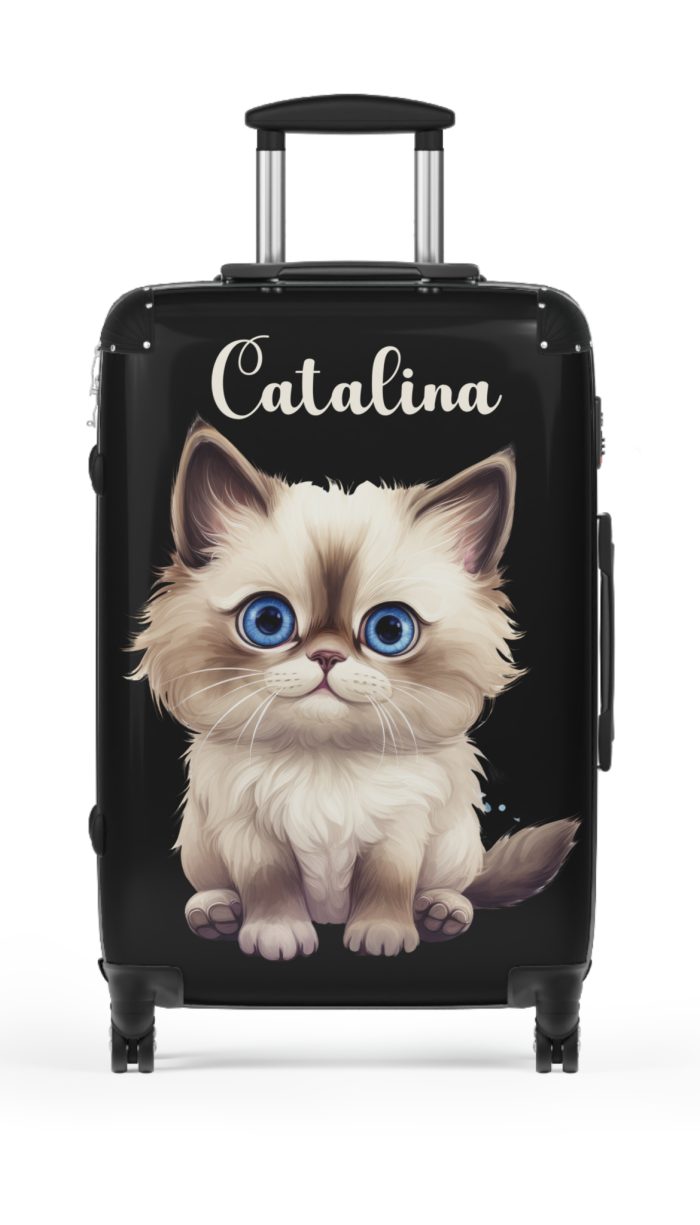 Custom Cat Suitcase - A personalized luggage adorned with a unique cat-themed design, perfect for travelers who want to add a touch of feline charm to their journeys.