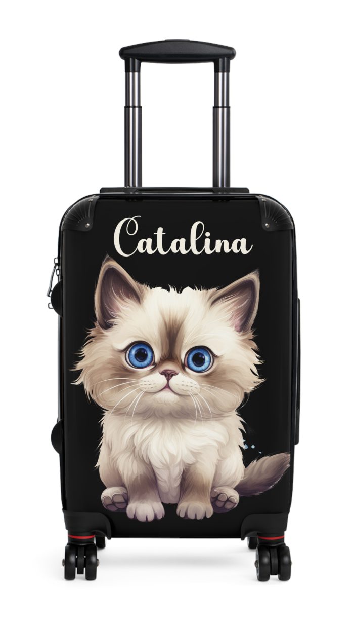 Custom Cat Suitcase - A personalized luggage adorned with a unique cat-themed design, perfect for travelers who want to add a touch of feline charm to their journeys.