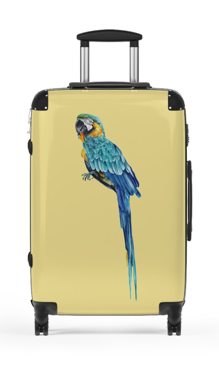 Macaw Suitcase - A vibrant travel gear featuring a tropical bird-inspired design, perfect for those who appreciate exotic and colorful styles on their journeys.