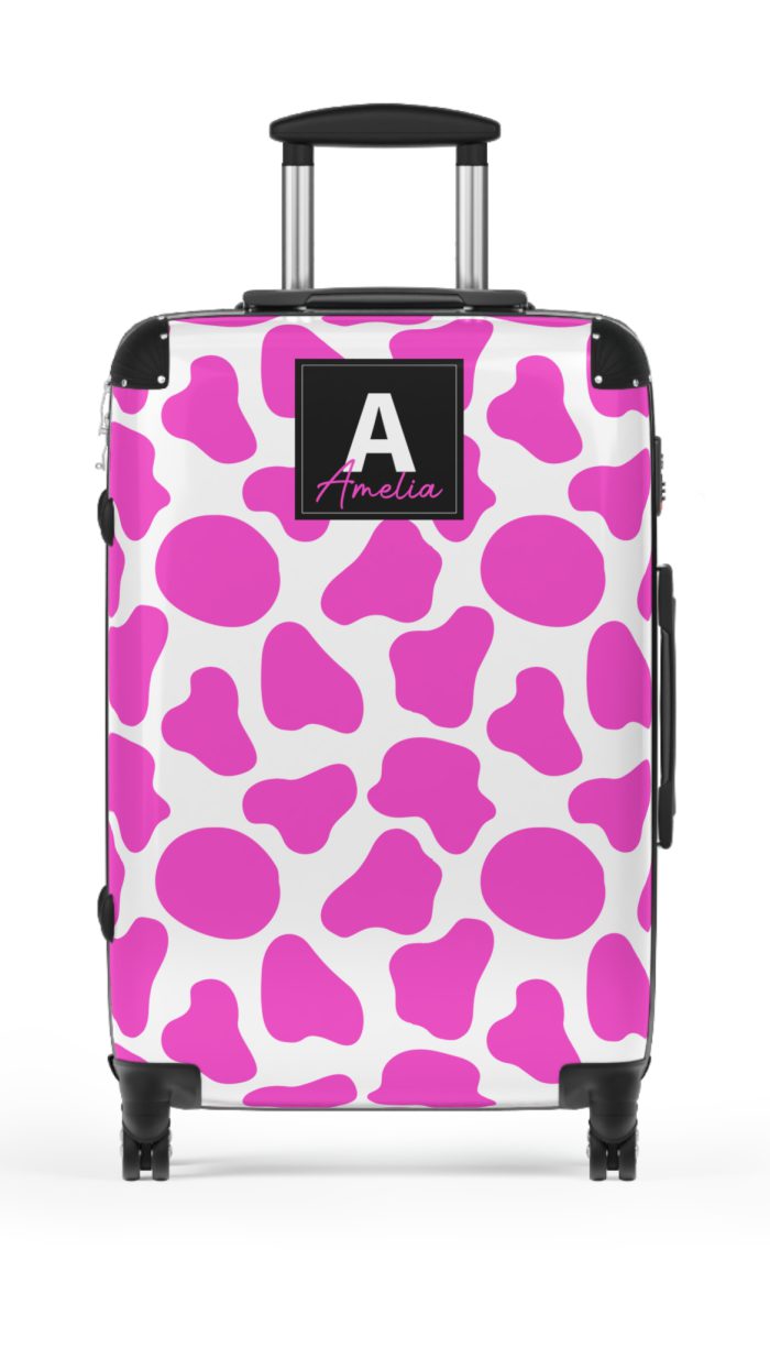 Custom Cow Print Suitcase - A personalized luggage adorned with a unique cow print design, perfect for travelers who want to add a touch of individuality to their journeys.