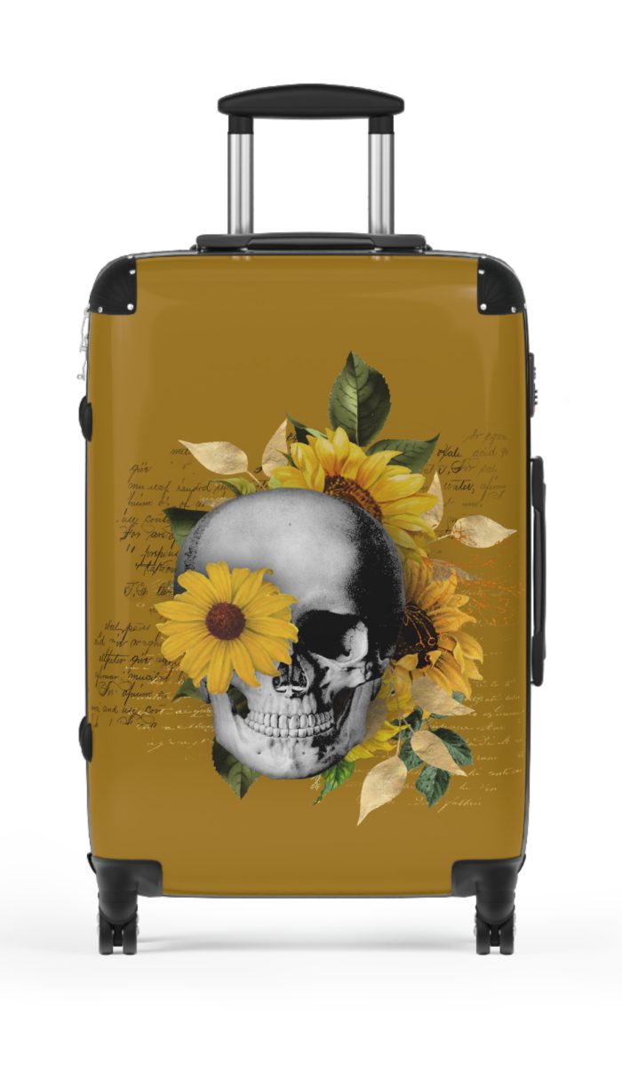 Sunflower Skull Suitcase - A trendy and edgy travel accessory featuring a stylish blend of skulls and sunflowers.