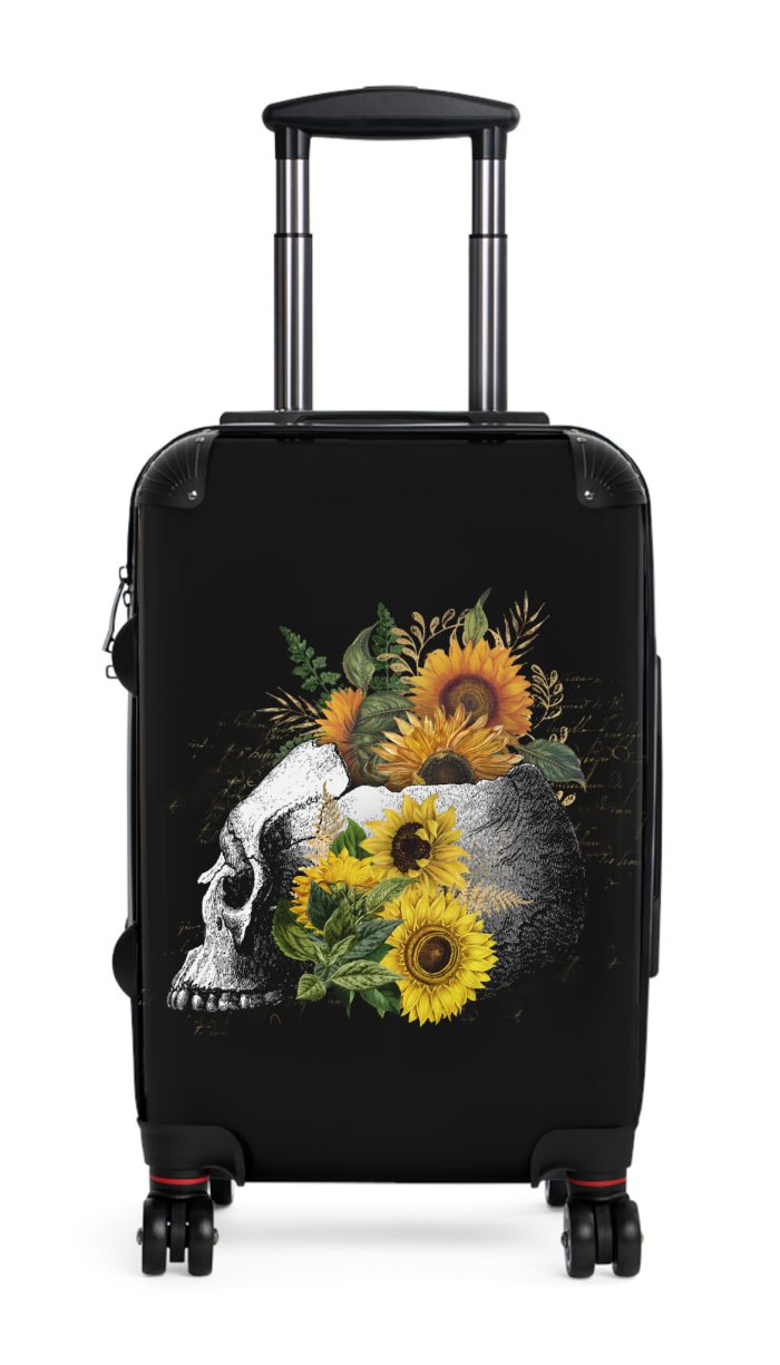 Sunflower Skull Suitcase - A trendy and edgy travel accessory featuring a stylish blend of skulls and sunflowers.