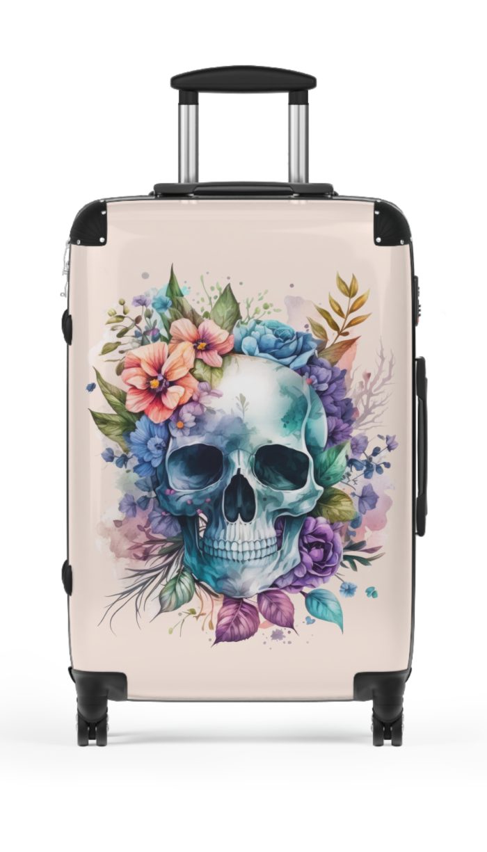 Floral Skull Suitcase - A captivating travel companion featuring an exquisite blend of florals and skulls for a unique and stylish look.