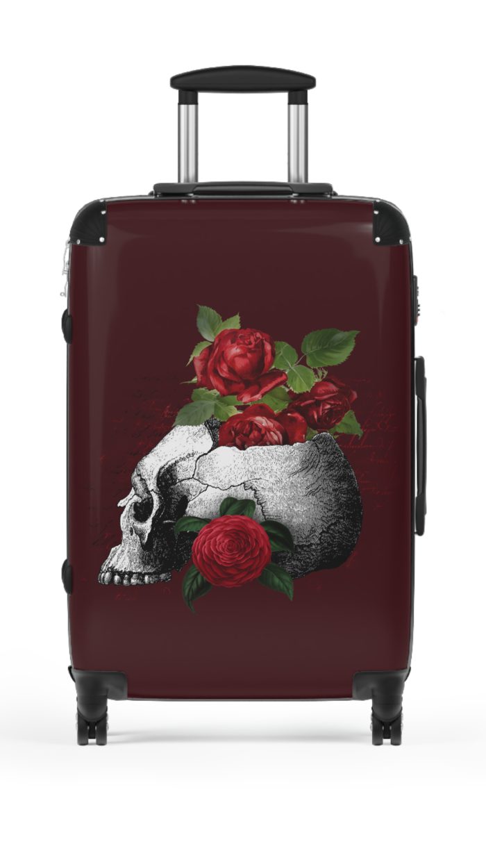 Red Floral Skulls Suitcase - A striking travel companion featuring a vibrant red floral pattern intertwined with bold skulls for a daring and stylish look.