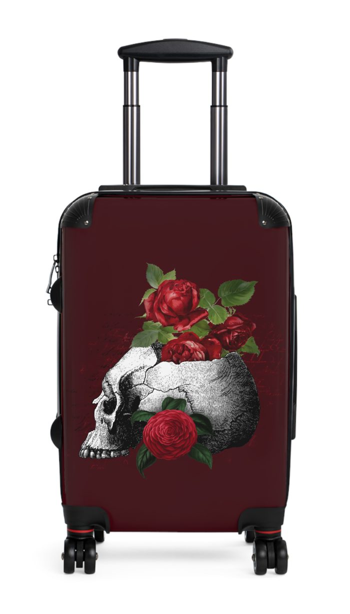 Red Floral Skulls Suitcase - A striking travel companion featuring a vibrant red floral pattern intertwined with bold skulls for a daring and stylish look.