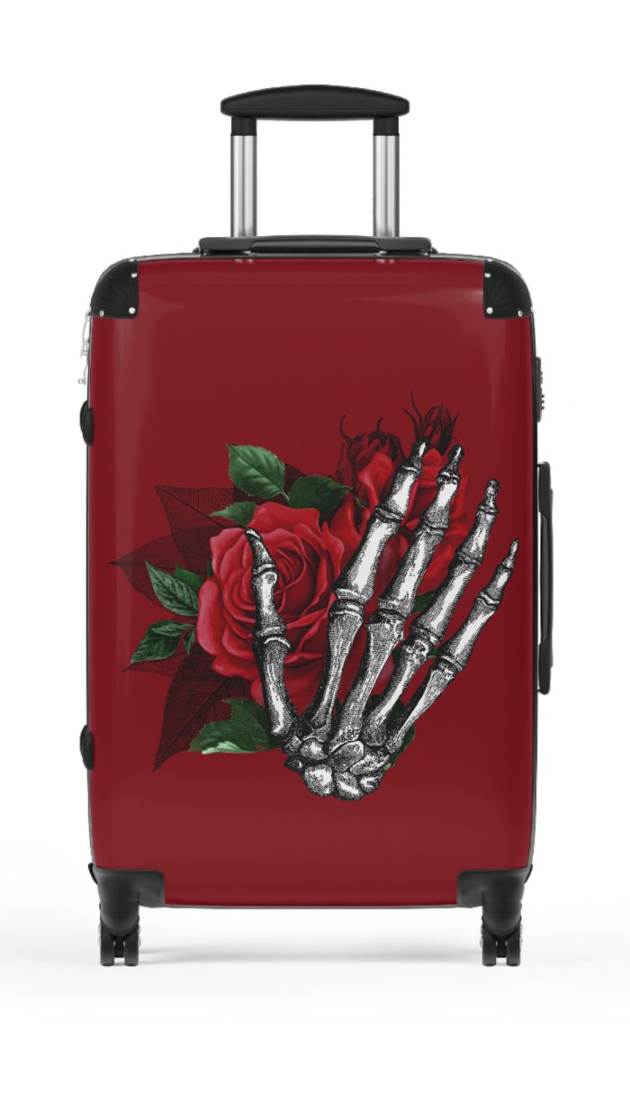 Red Floral Skull Suitcase - A striking travel companion featuring a vibrant red floral pattern intertwined with bold skull for a daring and stylish look.