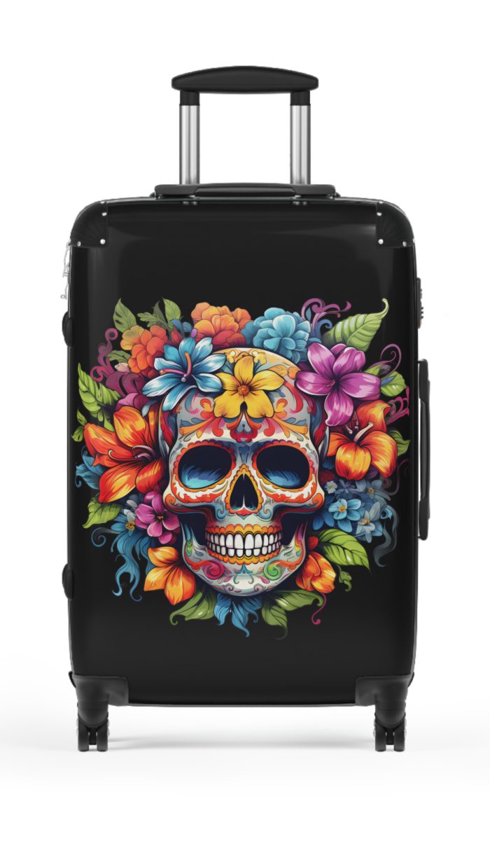 Floral Skull Suitcase - A captivating travel companion featuring an exquisite blend of florals and skulls for a unique and stylish look.