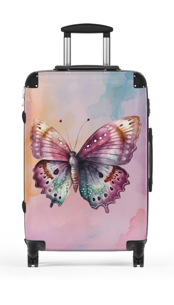 An exquisite pink suitcase featuring intricate butterfly patterns, embodying a perfect balance of style and resilience.