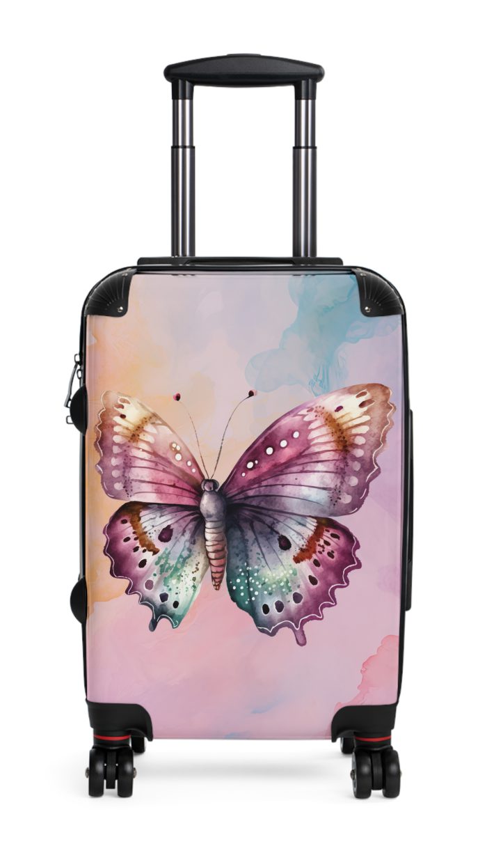 An exquisite pink suitcase featuring intricate butterfly patterns, embodying a perfect balance of style and resilience.