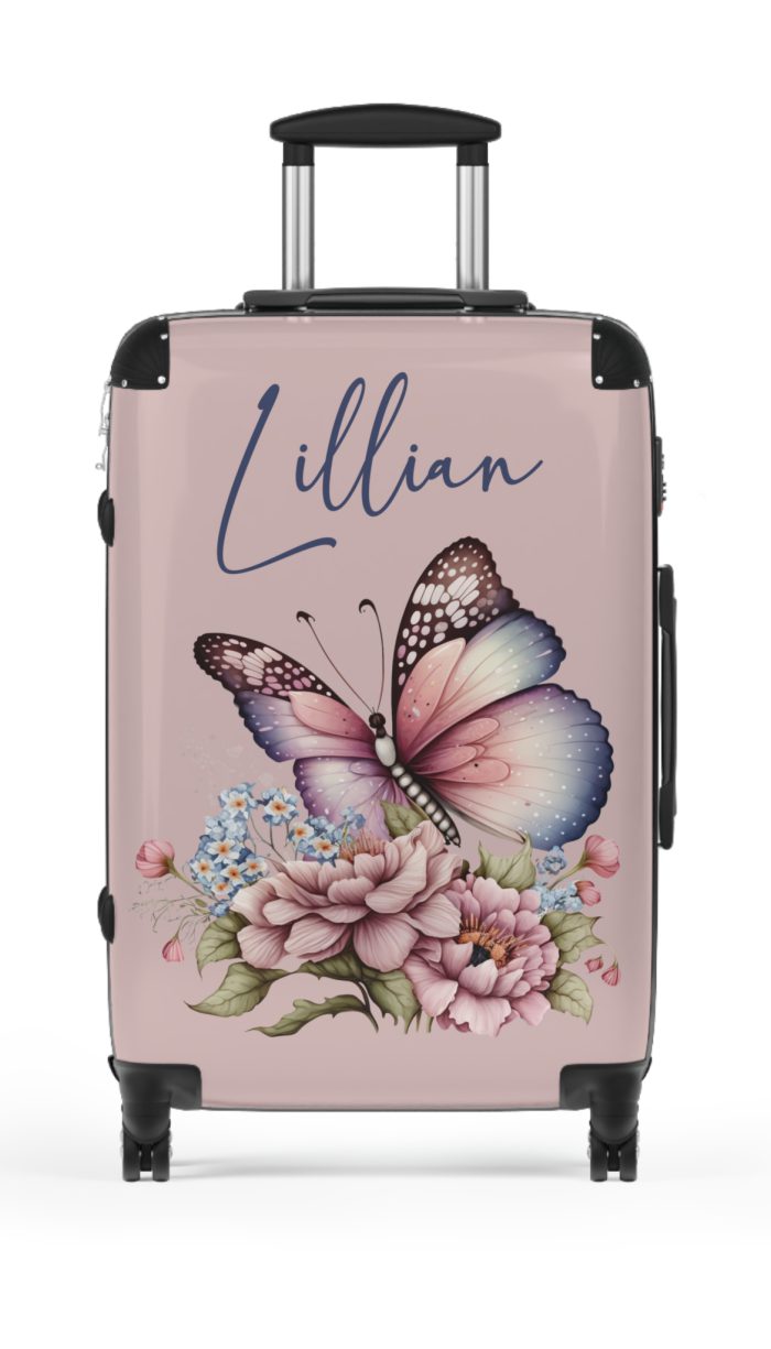 Custom Pink Butterfly Suitcase - Stylish luggage with a vibrant pink butterfly design for the fashion-forward traveler.
