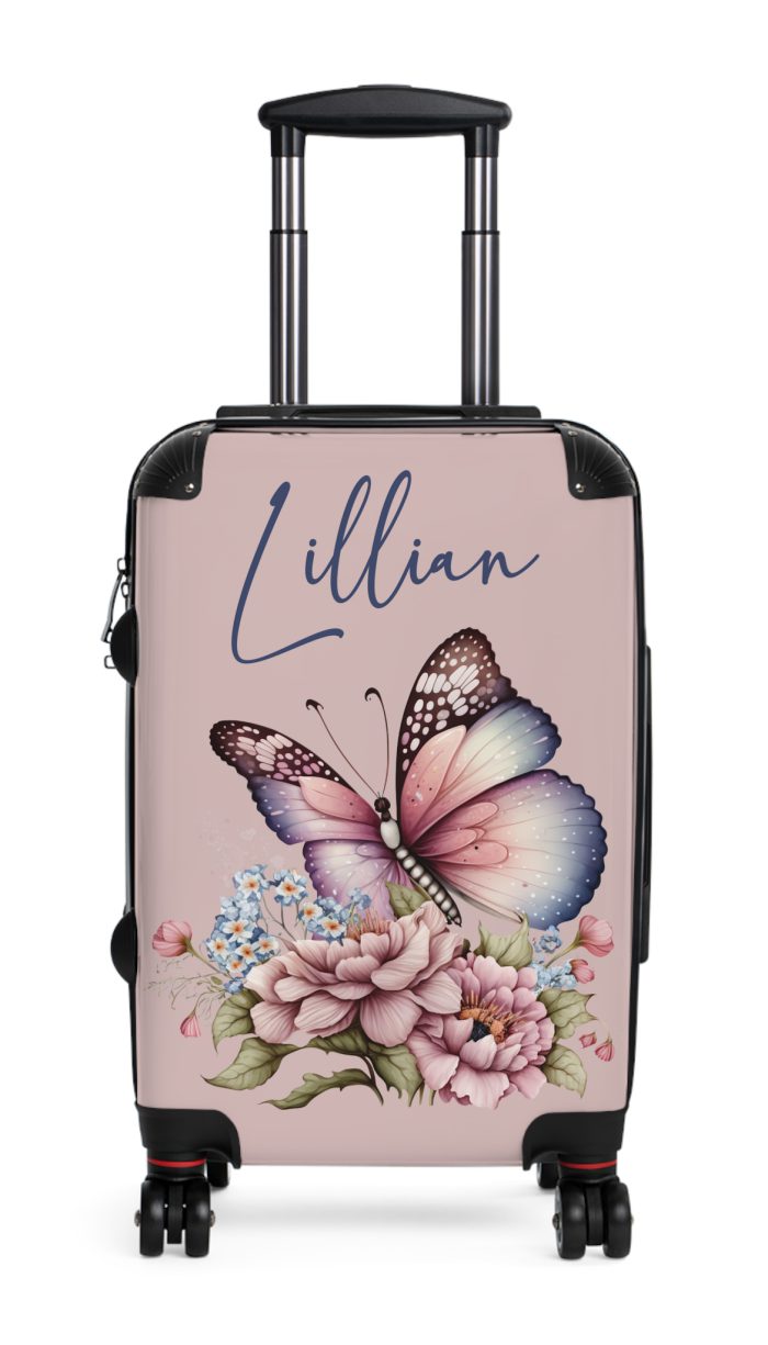 Custom Pink Butterfly Suitcase - Stylish luggage with a vibrant pink butterfly design for the fashion-forward traveler.