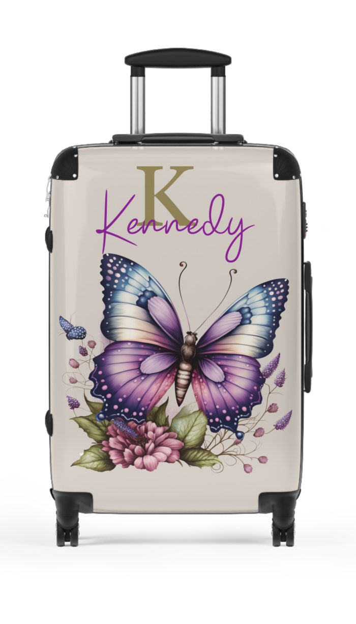 Custom Purple Butterfly Suitcase - A personalized travel companion with a stunning purple butterfly design, expressing individuality in every journey.