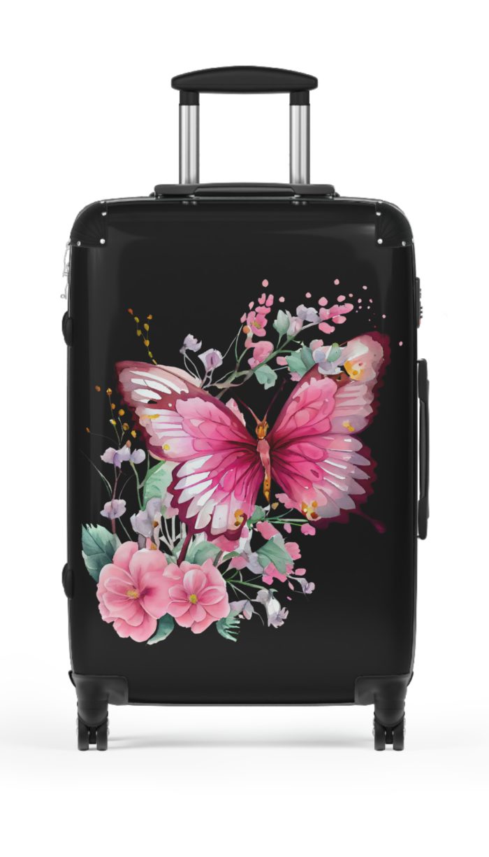 Pink Butterfly Floral Suitcase - A chic travel companion featuring delicate pink hues and butterfly motifs, combining fashion with durability.