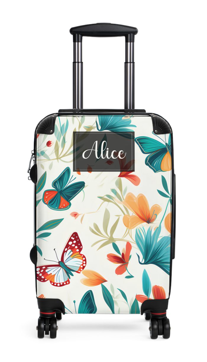 Custom Floral Butterfly Suitcase - A personalized travel essential adorned with intricate floral and butterfly designs, combining style and individuality.