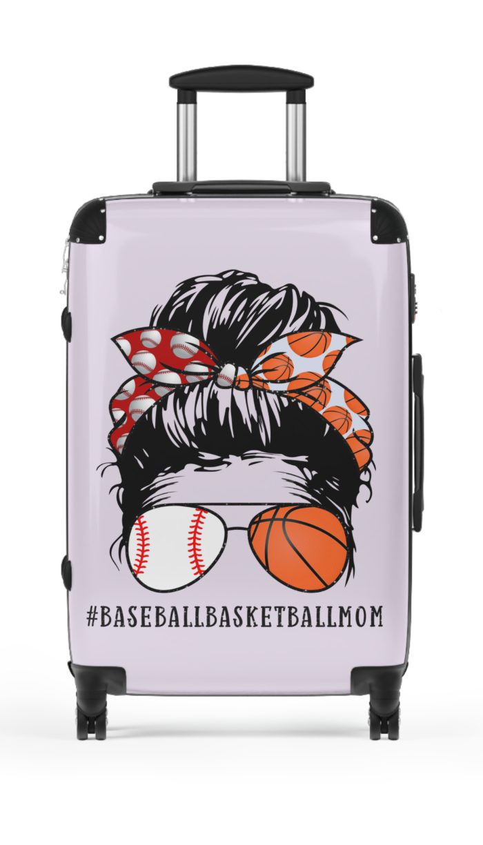 Baseball Basketball Mom Suitcase - Personalized luggage designed for sports-loving moms, featuring a unique blend of baseball and basketball themes.
