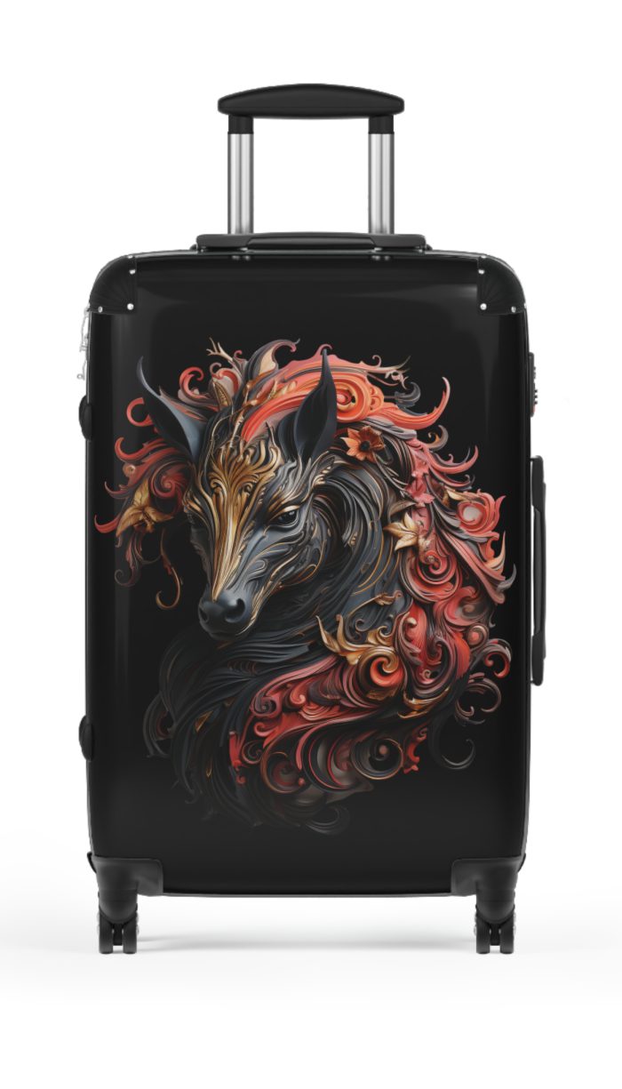 Elegant gothic black horse suitcase, a timeless and stylish travel essential. Crafted for durability and sophistication, it's the perfect travel companion for the discerning adventurer.