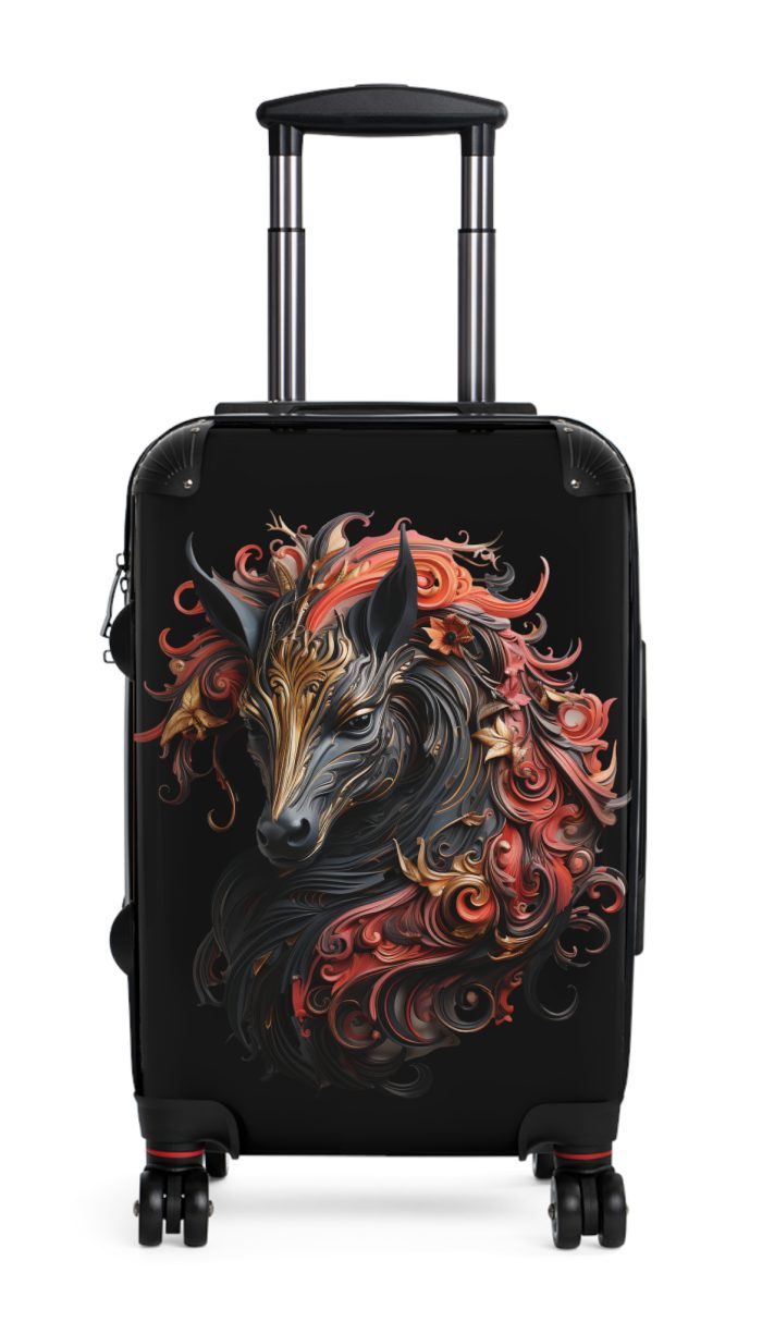 Elegant gothic black horse suitcase, a timeless and stylish travel essential. Crafted for durability and sophistication, it's the perfect travel companion for the discerning adventurer.
