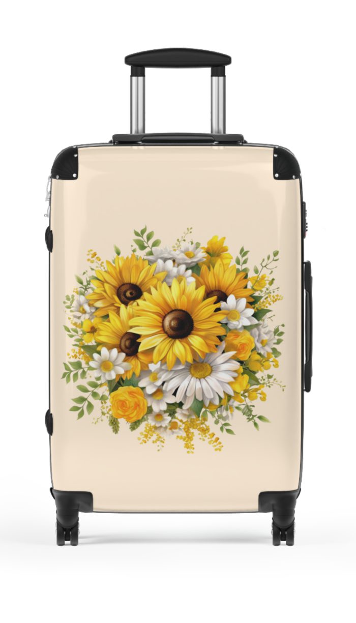 Floral sunflower daisy suitcase, a stylish and enduring travel companion. Crafted with vibrant sunflower and daisy designs, it's the perfect luggage for those who seek elegance on the go.