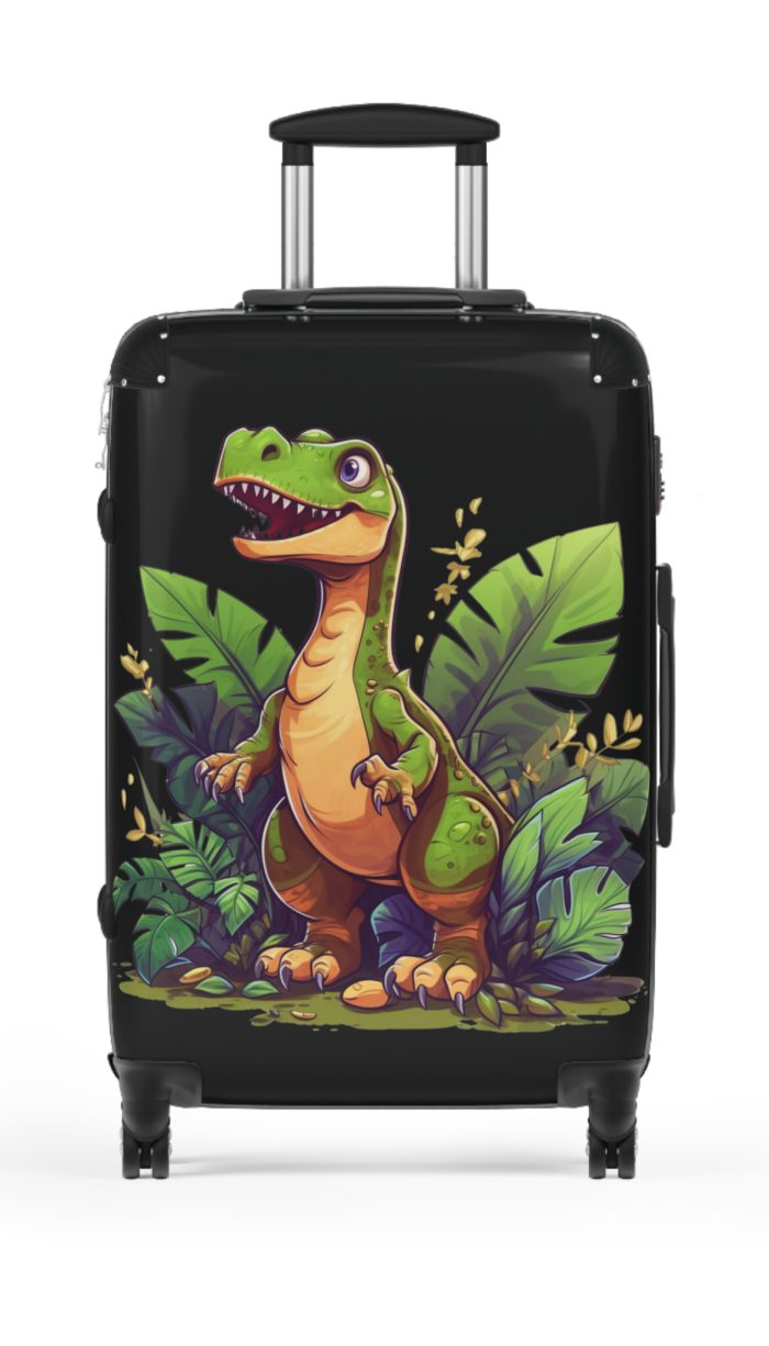 Whimsical cartoon dinosaur suitcase, perfect for travel enthusiasts. Vibrant design and durable build make it a delightful and practical travel companion.