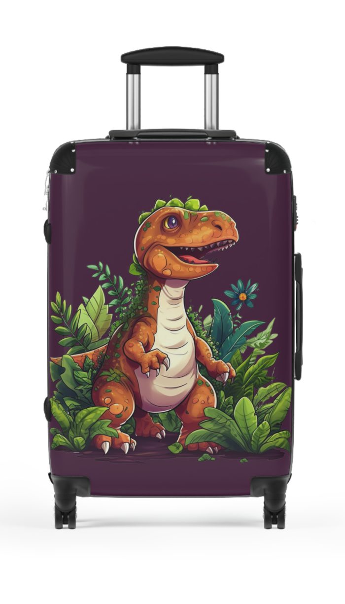 Whimsical cartoon dinosaur suitcase, perfect for travel enthusiasts. Vibrant design and durable build make it a delightful and practical travel companion.