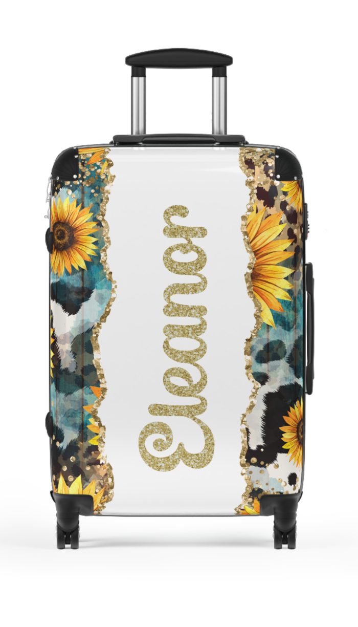 Custom Sunflower Cowhide Leopard Suitcase - A stunning blend of sunflowers, cowhide, and leopard print, designed for travelers who seek style and functionality.