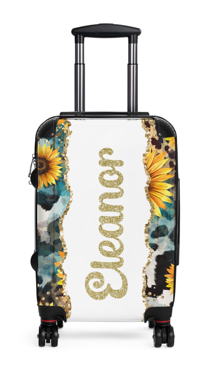 Custom Sunflower Cowhide Leopard Suitcase - A stunning blend of sunflowers, cowhide, and leopard print, designed for travelers who seek style and functionality.