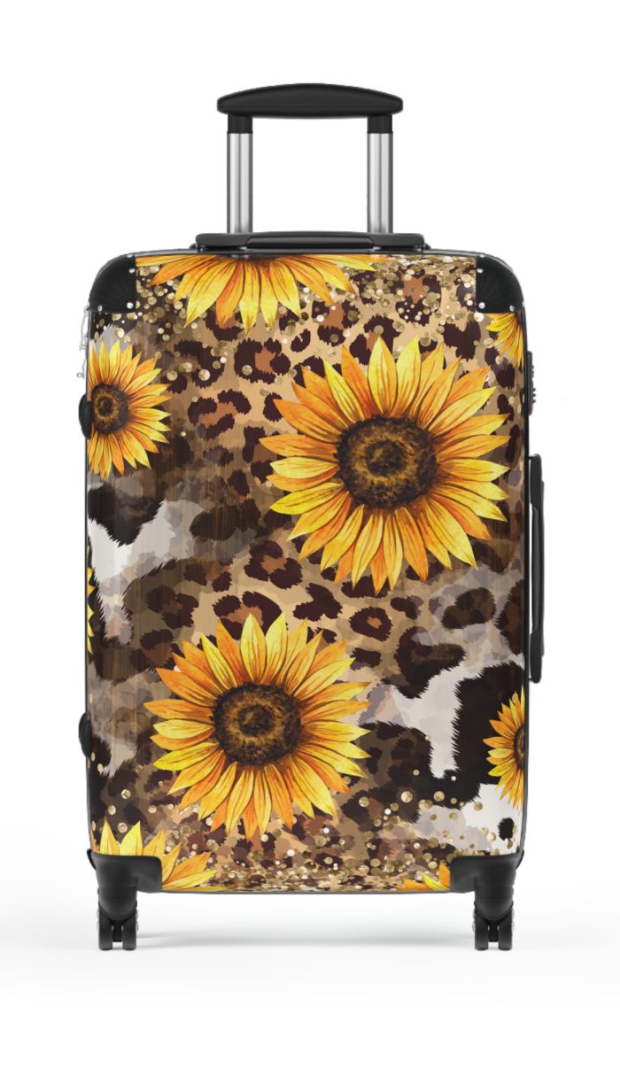 Sunflower Cowhide Leopard Suitcase - A fashion-forward travel essential featuring sunflowers, cowhide, and leopard print for trendsetting explorers.