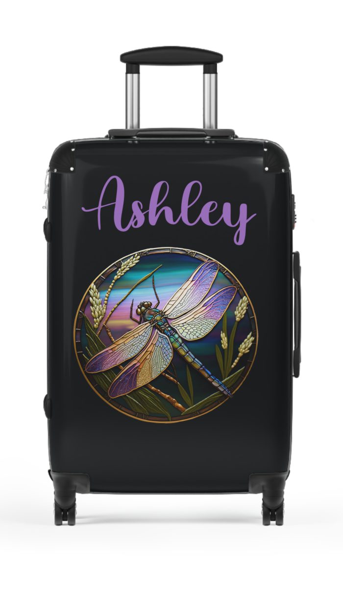 Dragonfly Custom Suitcase - Personalized travel essential adorned with a charming ladybug design for a touch of whimsical elegance.