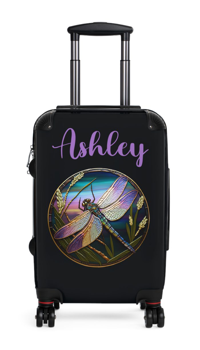 Dragonfly Custom Suitcase - Personalized travel essential adorned with a charming ladybug design for a touch of whimsical elegance.