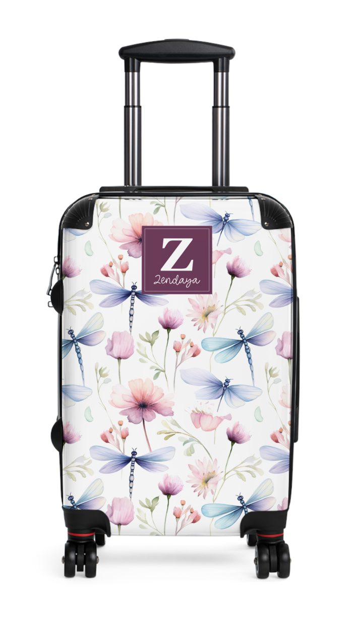 Floral Dragonfly Custom Suitcase - A stunning travel companion adorned with delicate dragonflies and vibrant florals, blending elegance and practicality.