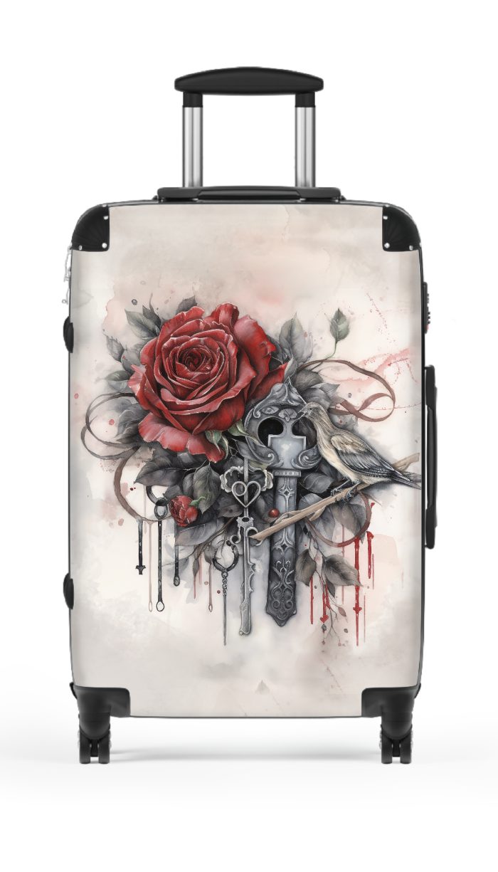 Romantic gothic rose suitcase, a stylish and enduring travel essential. Crafted with intricate rose designs, it's the perfect companion for those who seek elegance on the go.