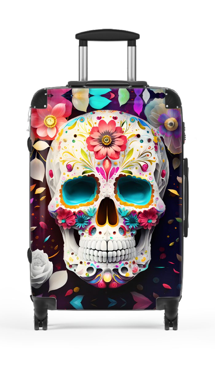 Edgy sugar skull suitcase, a bold and vibrant travel companion. Crafted for durability and adorned with rebellious sugar skull designs, it's perfect for those who embrace a touch of edge on the go.