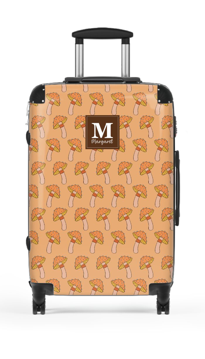 Custom Retro Mushroom suitcase, a durable and stylish travel companion. Crafted with custom names and retro mushroom designs, it's perfect for enthusiasts on the go.