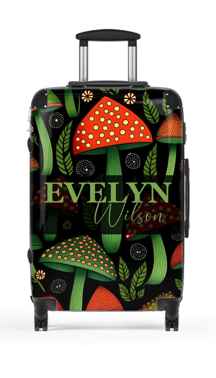 Custom Folk Mushroom suitcase, a durable and stylish travel companion. Crafted with custom names and mushroom designs, it's perfect for enthusiasts on the go.