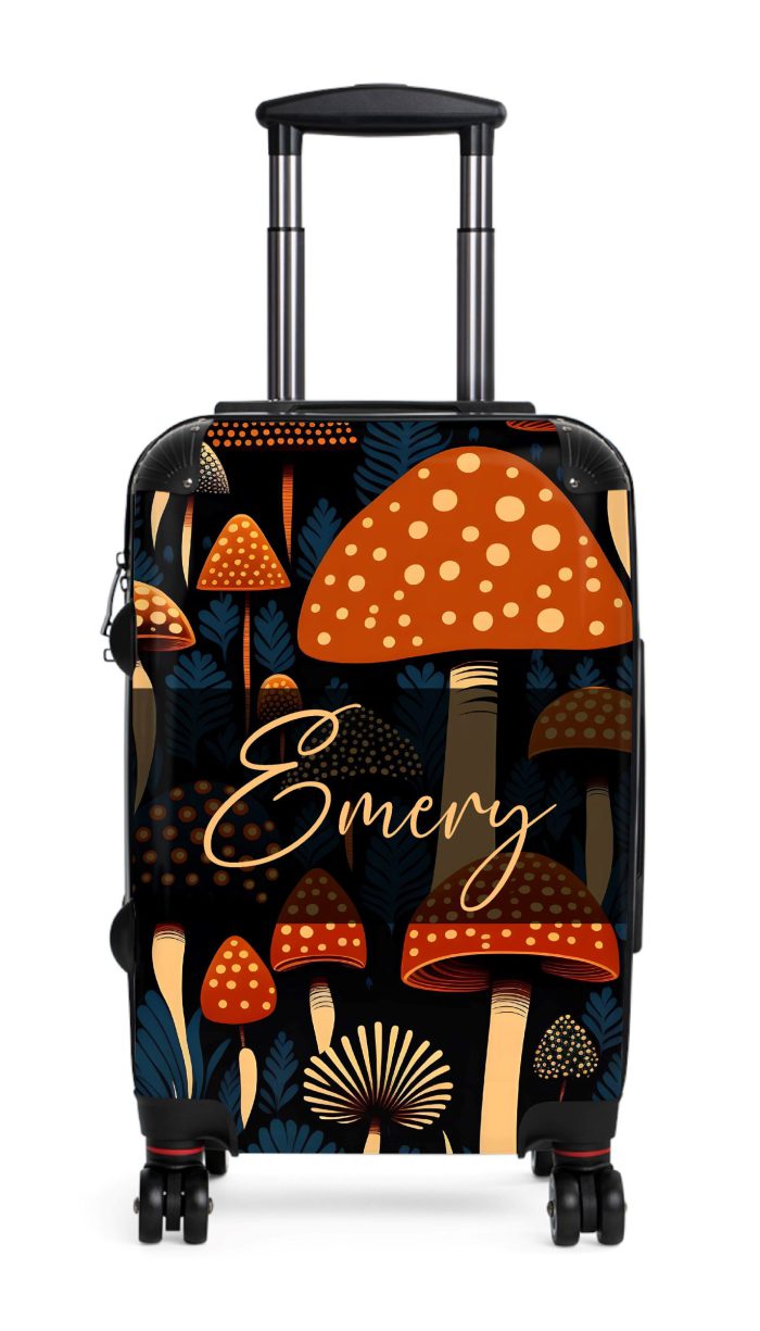Custom Folk Mushroom suitcase, a durable and stylish travel companion. Crafted with custom names and mushroom designs, it's perfect for enthusiasts on the go.