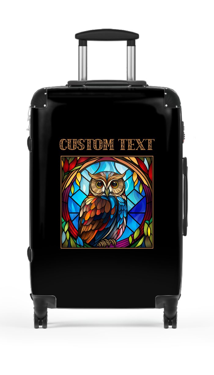 Custom Stained Owl suitcase, a durable and stylish travel companion. Crafted with custom stained glass owl designs, it's perfect for personalized adventures on the go.