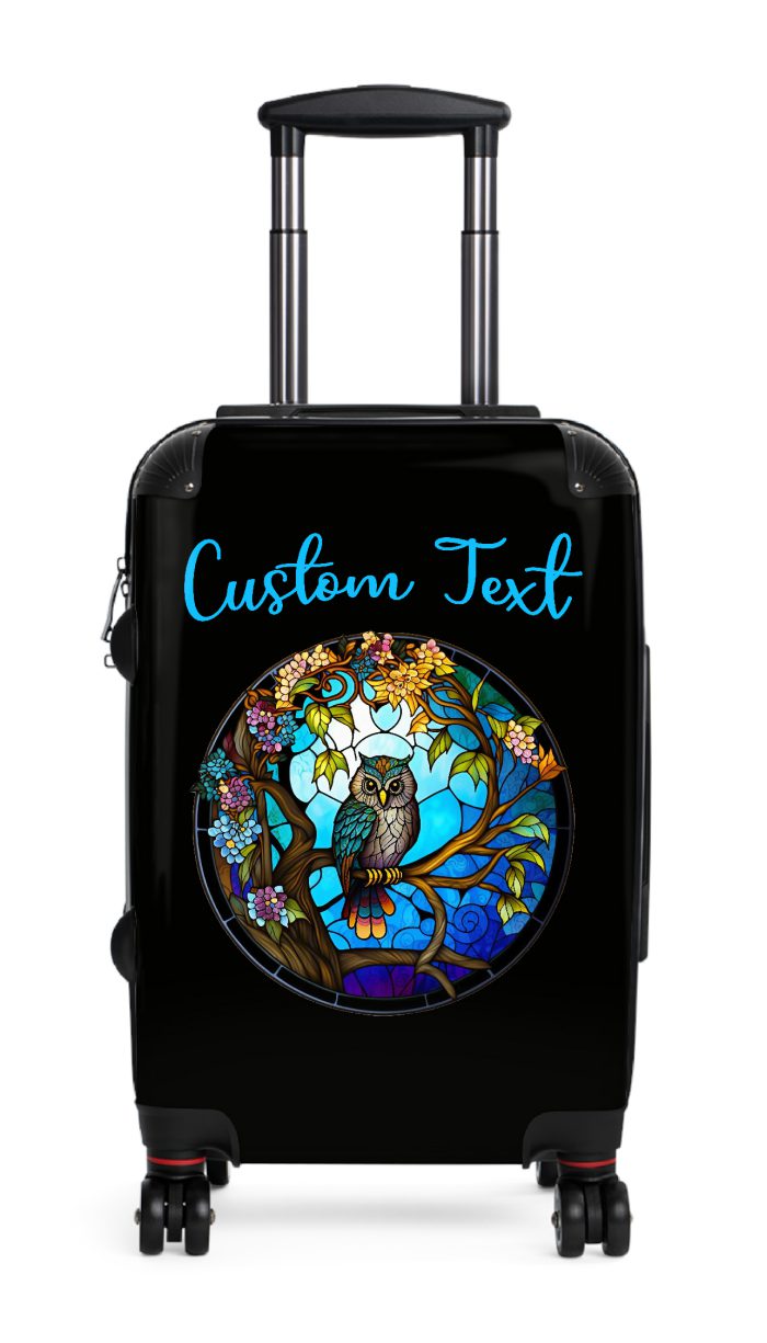 Custom Stained Owl suitcase, a durable and stylish travel companion. Crafted with custom stained glass owl designs, it's perfect for personalized adventures on the go.