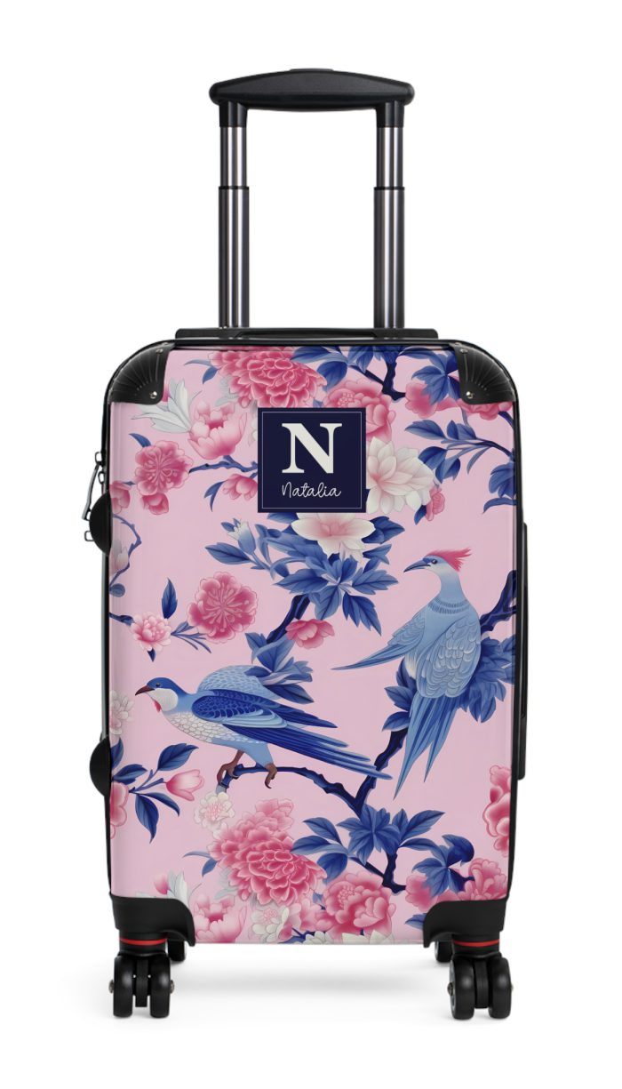 Custom Pink Blue Chinoiserie suitcase, a durable and stylish travel companion. Crafted with customizable Pink Blue Chinoiserie designs, it's perfect for those who crave personalized elegance on their journeys.