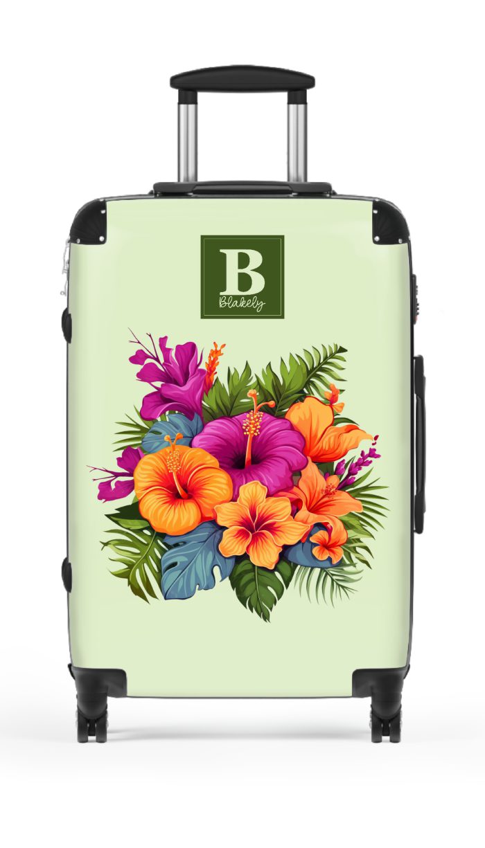 Custom Tropical Flower Hawaiian suitcase, a durable and stylish travel companion. Crafted with custom Tropical Flower Hawaiian designs, it's perfect for those who seek island elegance on their journeys.