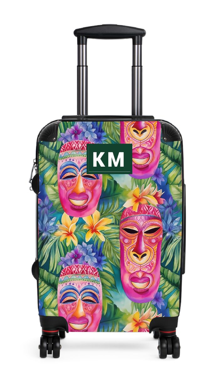 Custom Hawaiian Tiki Luau suitcase, a durable and stylish travel companion. Crafted with custom Hawaiian Tiki Luau designs, it's perfect for those who seek luau joy on their journeys.