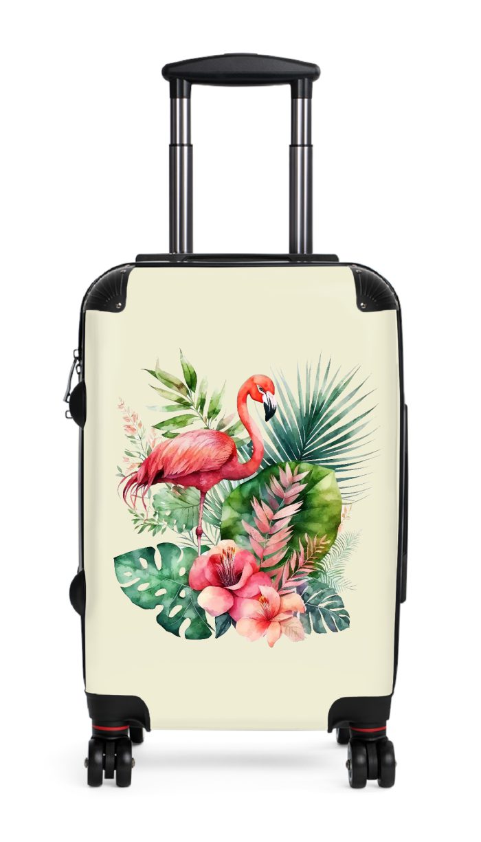 Tropical Floral Flamingo Suitcase, a vibrant and durable travel companion adorned with tropical blooms and playful flamingos. Perfect for the stylish and adventurous traveler.