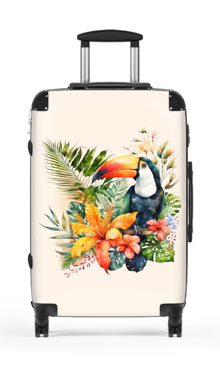 Tropical Floral Toucan Suitcase, a stylish and durable travel companion adorned with vibrant florals and playful toucans. Perfect for the modern traveler seeking a touch of elegance on their journeys.