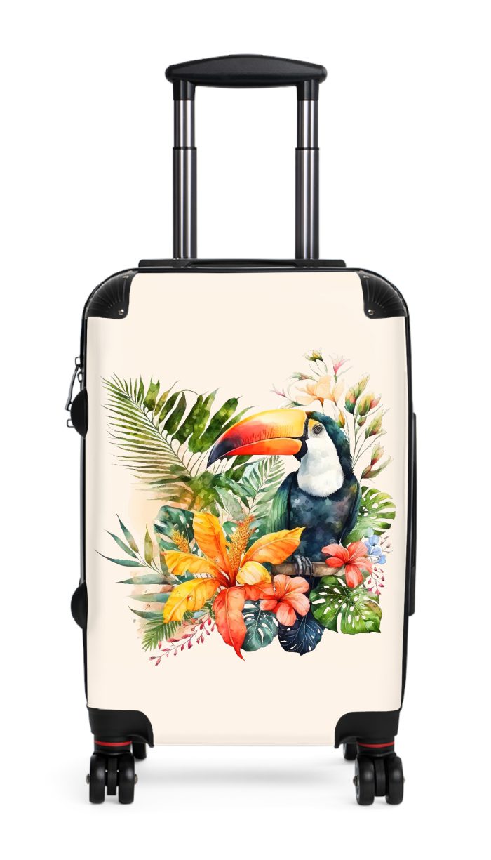 Tropical Floral Toucan Suitcase, a stylish and durable travel companion adorned with vibrant florals and playful toucans. Perfect for the modern traveler seeking a touch of elegance on their journeys.