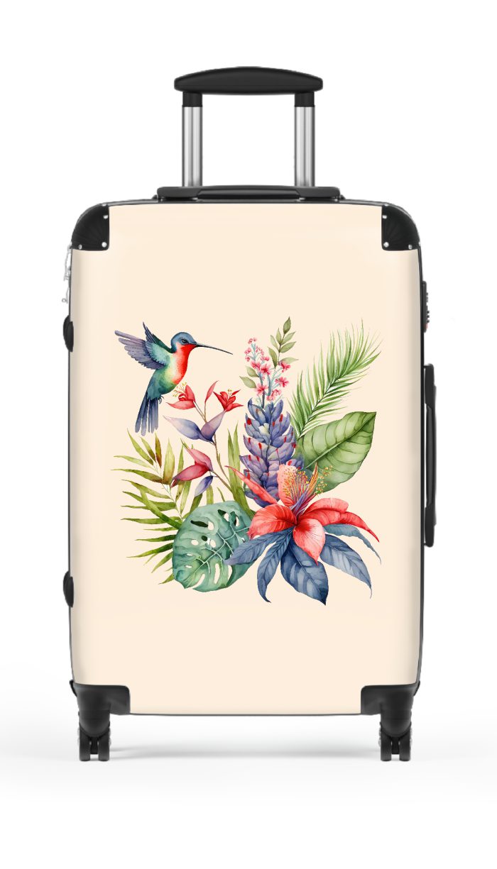 Tropical Floral Hummingbird Suitcase, a captivating and durable travel companion adorned with vibrant florals and delicate hummingbirds. Perfect for the modern traveler seeking a touch of elegance on their journeys.